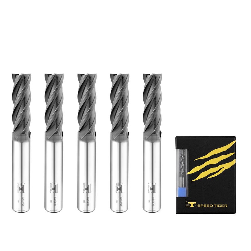 SPEED TIGER قاطع نهاية كربيد SPEED TIGER ISE 1/8 بوصة - 4 شفرات، رأس مربع، مطلي AlTiBN، بت CNC لصلب مقسى، صلب سبائكي، فولاذ مقاوم للصدأ - صنع في تايوان، عبوة 5 قطع - Image 1